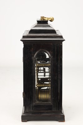 Lot FRANCIS GREGG, LONDON. A SMALL GEORGE II EBONISED PULL QUARTER REPEATING VERGE BRACKET CLOCK