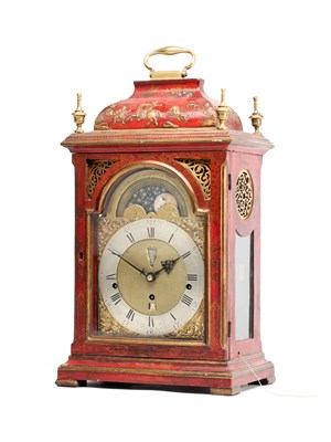 Lot HENRY MOZE, LONDON. A MID 18TH CENTURY SCARLET LACQUER CHINOISERIE QUARTER CHIMING BRACKET CLOCK