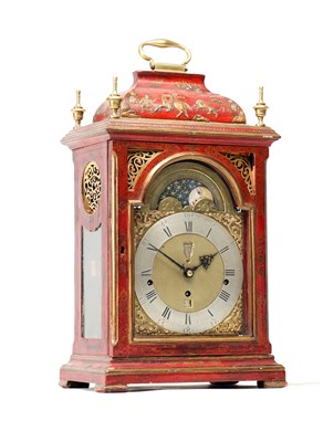 Lot HENRY MOZE, LONDON. A MID 18TH CENTURY SCARLET LACQUER CHINOISERIE QUARTER CHIMING BRACKET CLOCK