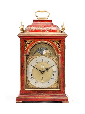 Lot HENRY MOZE, LONDON. A MID 18TH CENTURY SCARLET LACQUER CHINOISERIE QUARTER CHIMING BRACKET CLOCK