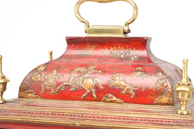 Lot HENRY MOZE, LONDON. A MID 18TH CENTURY SCARLET LACQUER CHINOISERIE QUARTER CHIMING BRACKET CLOCK
