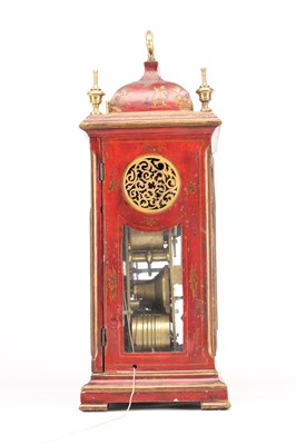 Lot HENRY MOZE, LONDON. A MID 18TH CENTURY SCARLET LACQUER CHINOISERIE QUARTER CHIMING BRACKET CLOCK