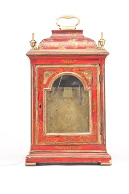 Lot HENRY MOZE, LONDON. A MID 18TH CENTURY SCARLET LACQUER CHINOISERIE QUARTER CHIMING BRACKET CLOCK