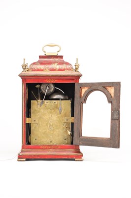 Lot HENRY MOZE, LONDON. A MID 18TH CENTURY SCARLET LACQUER CHINOISERIE QUARTER CHIMING BRACKET CLOCK