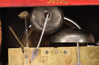 Lot HENRY MOZE, LONDON. A MID 18TH CENTURY SCARLET LACQUER CHINOISERIE QUARTER CHIMING BRACKET CLOCK