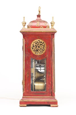 Lot HENRY MOZE, LONDON. A MID 18TH CENTURY SCARLET LACQUER CHINOISERIE QUARTER CHIMING BRACKET CLOCK