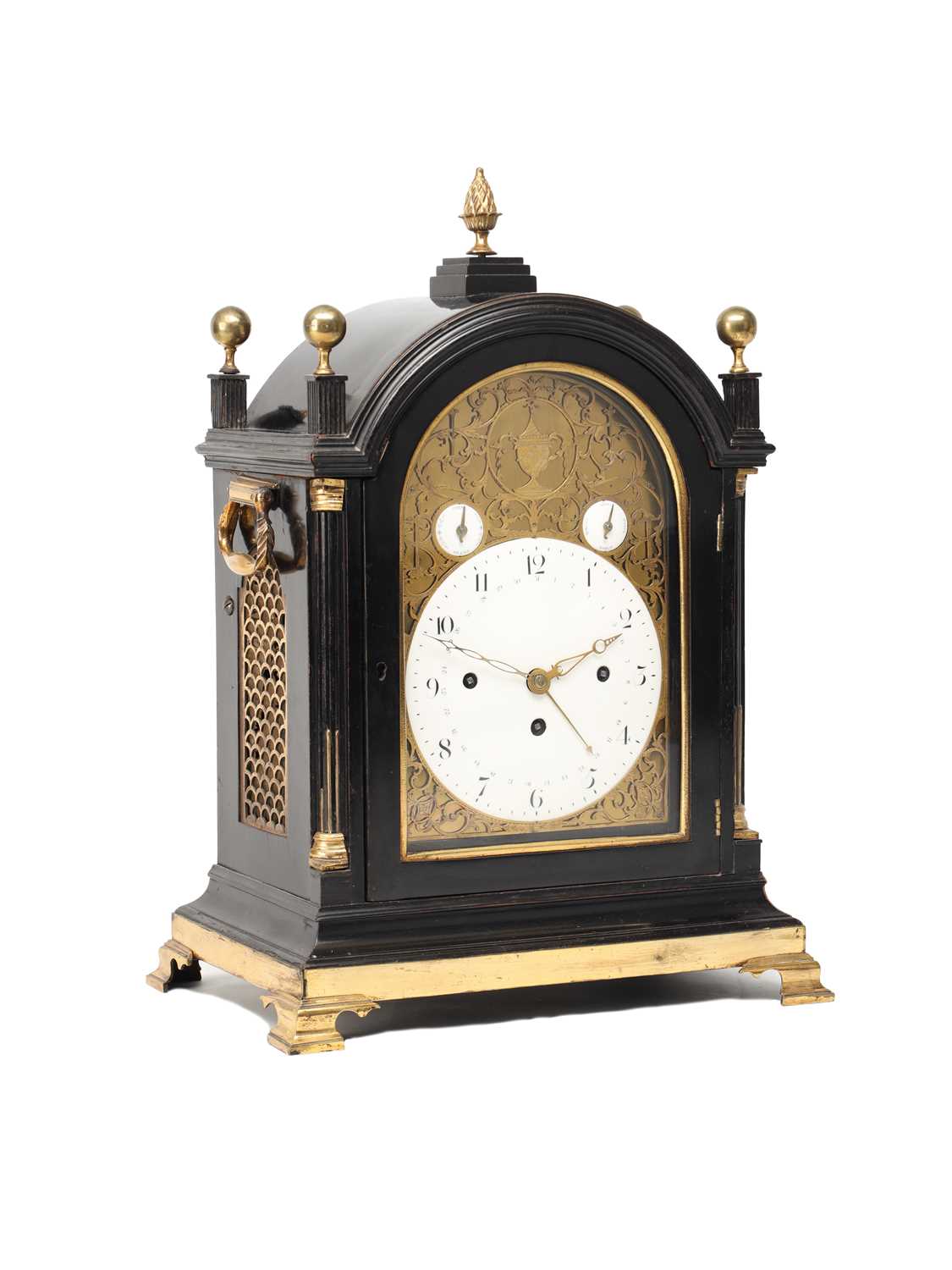 Lot KENTISH & HAYNES, LONDON. A GEORGE III EBONISED TRIPLE FUSEE MUSICAL BRACKET CLOCK CHIMING ON FOURTEEN BELLS