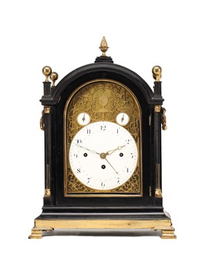 Lot KENTISH & HAYNES, LONDON. A GEORGE III EBONISED TRIPLE FUSEE MUSICAL BRACKET CLOCK CHIMING ON FOURTEEN BELLS