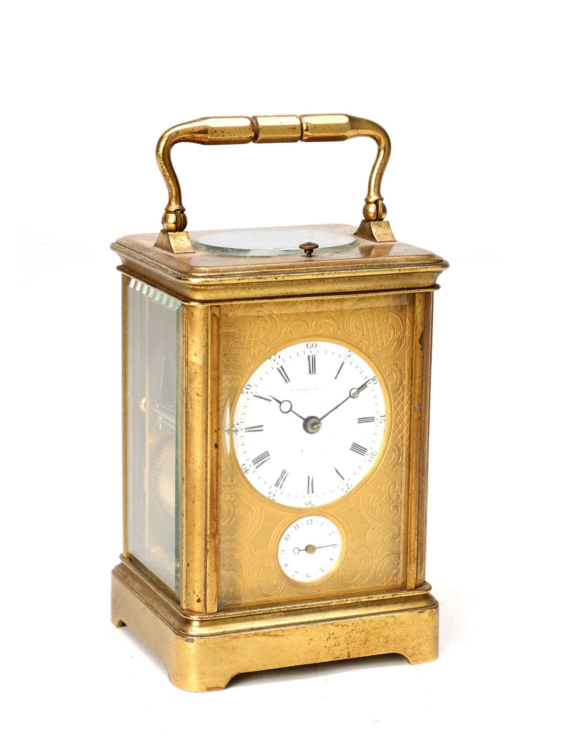 Lot A LATE 19TH CENTURY FRENCH GILT BRASS REPEATING CARRIAGE CLOCK WITH ALARM