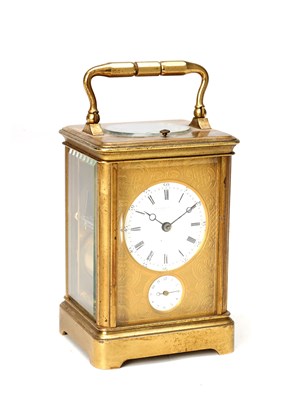 Lot A LATE 19TH CENTURY FRENCH GILT BRASS REPEATING CARRIAGE CLOCK WITH ALARM