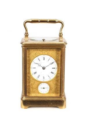 Lot A LATE 19TH CENTURY FRENCH GILT BRASS REPEATING CARRIAGE CLOCK WITH ALARM