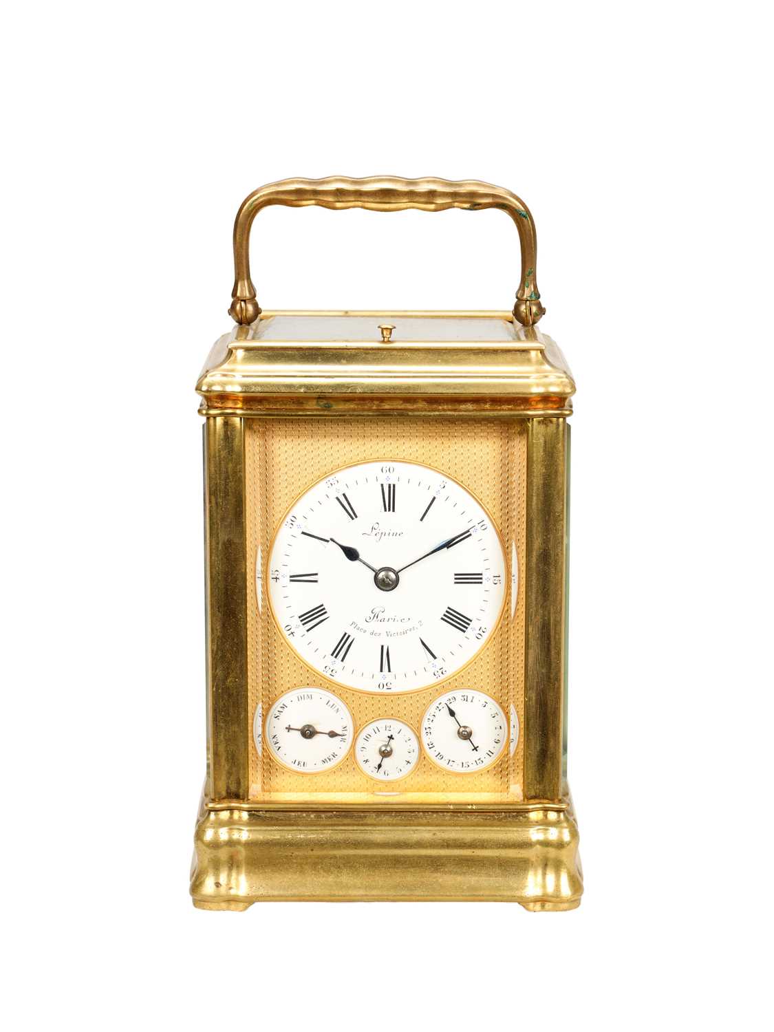 Lot LEPINE, PARIS. A FRENCH GILT BRASS GORGE CASED GRAND SONNERIE REPEATING CARRIAGE CLOCK WITH ALARM