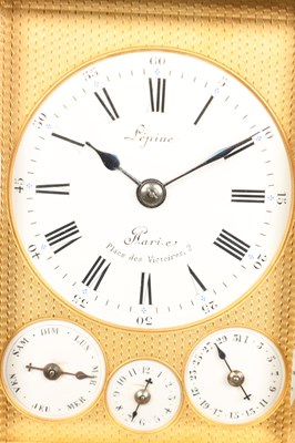 Lot LEPINE, PARIS. A FRENCH GILT BRASS GORGE CASED GRAND SONNERIE REPEATING CARRIAGE CLOCK WITH ALARM