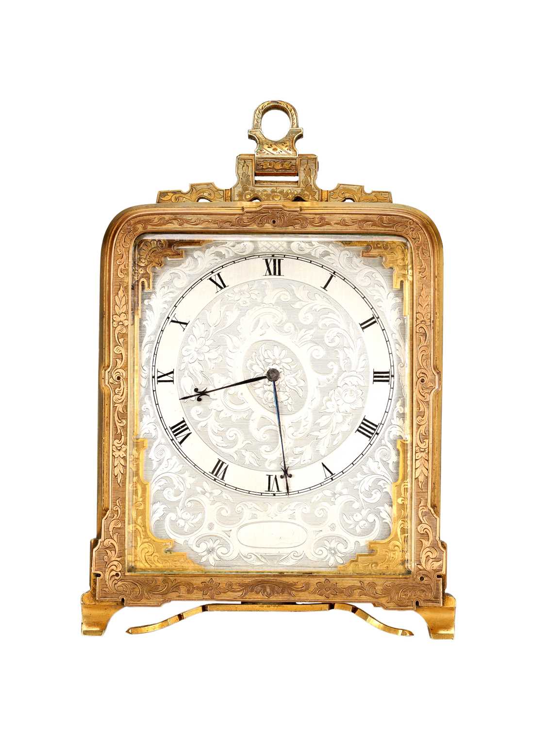 Lot ATT. THOMAS COLE, LONDON A MID 19TH CENTURY GILT BRASS ENGRAVED STRUT CLOCK RETAILED BY C.F. HANCOCK, LONDON