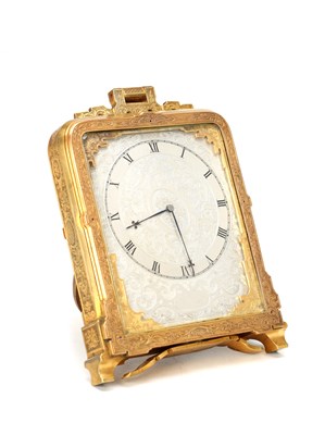 Lot ATT. THOMAS COLE, LONDON A MID 19TH CENTURY GILT BRASS ENGRAVED STRUT CLOCK RETAILED BY C.F. HANCOCK, LONDON