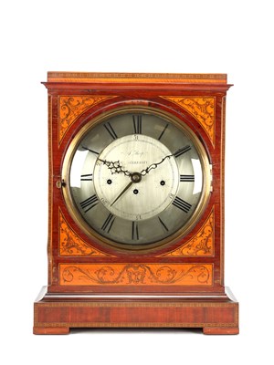 Lot 17 - SAMUEL THORPE, ABBERLEY. A LARGE GEORGE III MAHOGANY AND SATINWOOD INLAID TRIPLE FUSEE QUARTER CHIMING BRACKET CLOCK