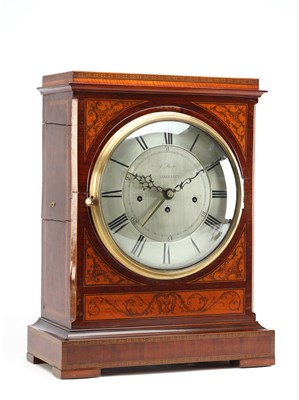 Lot 17 - SAMUEL THORPE, ABBERLEY. A LARGE GEORGE III MAHOGANY AND SATINWOOD INLAID TRIPLE FUSEE QUARTER CHIMING BRACKET CLOCK