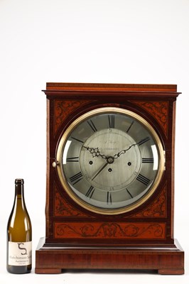 Lot 17 - SAMUEL THORPE, ABBERLEY. A LARGE GEORGE III MAHOGANY AND SATINWOOD INLAID TRIPLE FUSEE QUARTER CHIMING BRACKET CLOCK