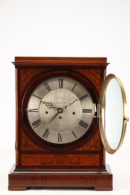 Lot 17 - SAMUEL THORPE, ABBERLEY. A LARGE GEORGE III MAHOGANY AND SATINWOOD INLAID TRIPLE FUSEE QUARTER CHIMING BRACKET CLOCK