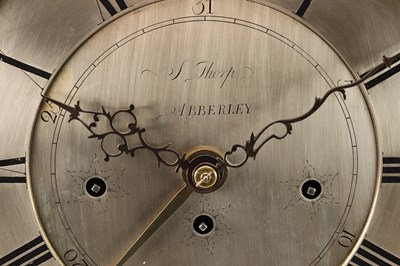 Lot 17 - SAMUEL THORPE, ABBERLEY. A LARGE GEORGE III MAHOGANY AND SATINWOOD INLAID TRIPLE FUSEE QUARTER CHIMING BRACKET CLOCK