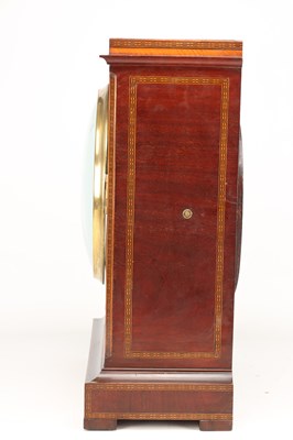 Lot 17 - SAMUEL THORPE, ABBERLEY. A LARGE GEORGE III MAHOGANY AND SATINWOOD INLAID TRIPLE FUSEE QUARTER CHIMING BRACKET CLOCK