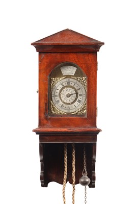Lot ROBERT SMITH, LONDON. A SMALL GEORGE II WALNUT HOODED VERGE WALL CLOCK WITH ALARM