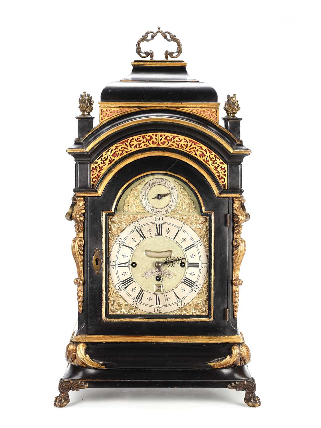 Lot 119 - RICHARD VICK, LONDON. A GEORGE II EBONISED MUSICAL BRACKET CLOCK