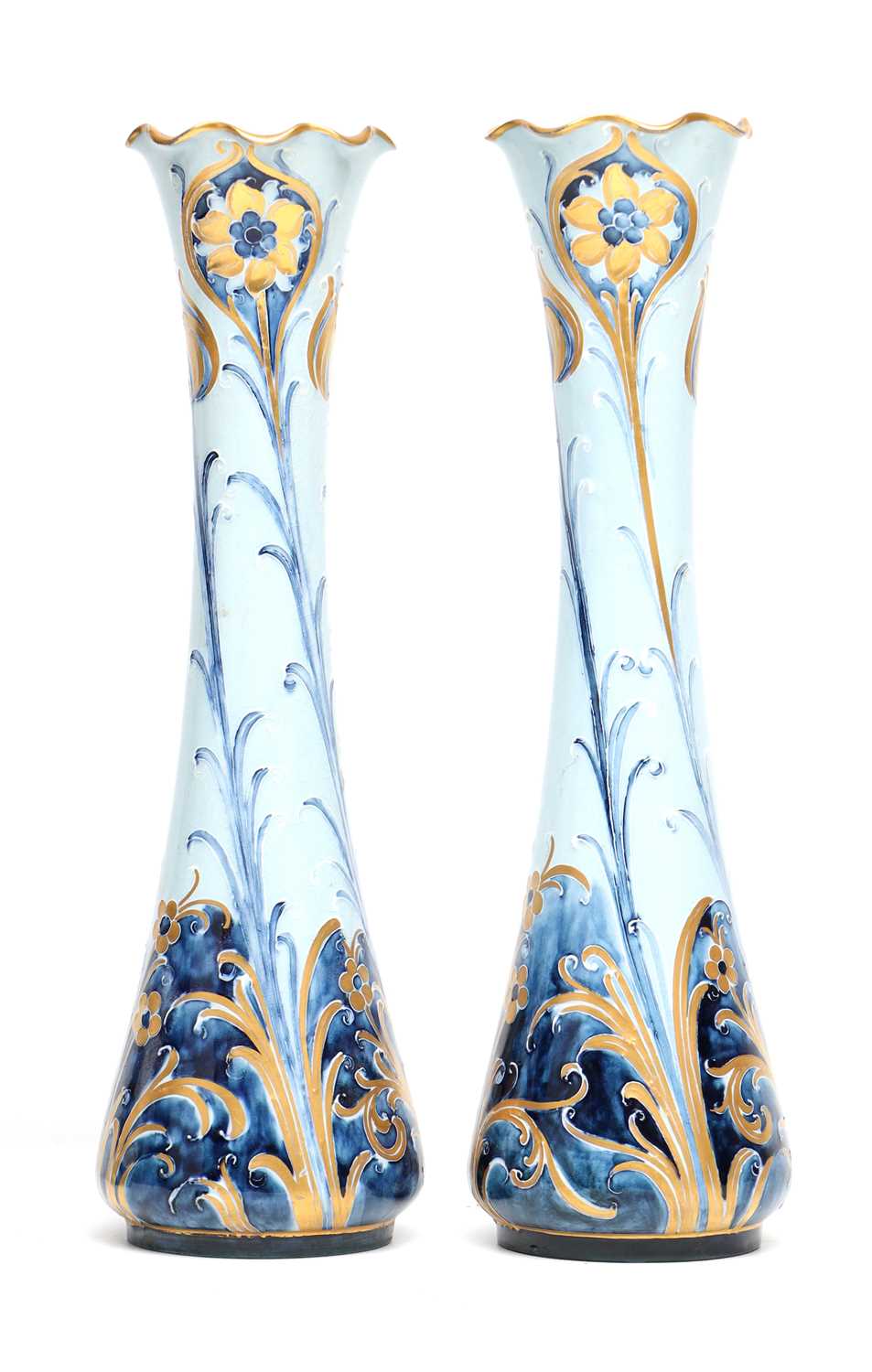 Lot WILLIAM MOORCROFT FOR JAMES MACINTYRE & CO. LTD. A RARE PAIR OF LATE 19TH CENTURY FLORIN WARE POTTERY VASES