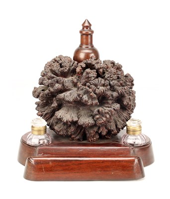 Lot AN UNUSUAL 19TH CENTURY ROSEWOOD AND ROOTWOOD SPECIMEN INKSTAND