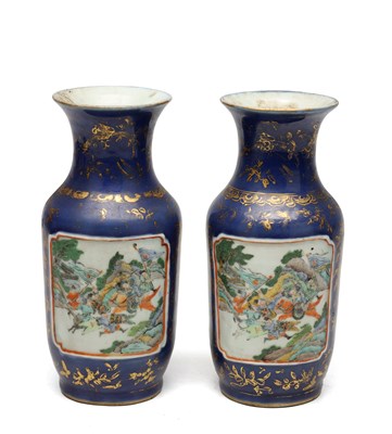 Lot A PAIR OF CHINESE FAMILLE VERTE PORCELAIN VASES WITH COBALT BLUE GROUND