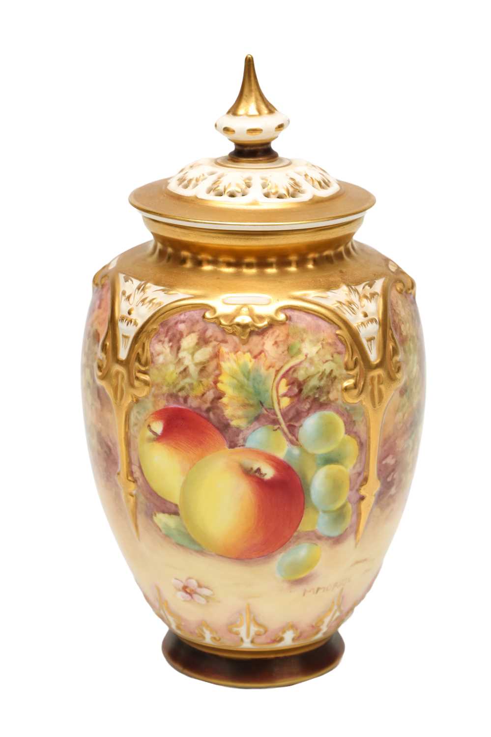 Lot A 20TH CENTURY ROYAL WORCESTER PORCELAIN FRUIT PAINTED POT POURRI VASE AND COVER BY MICHAEL MORRIS