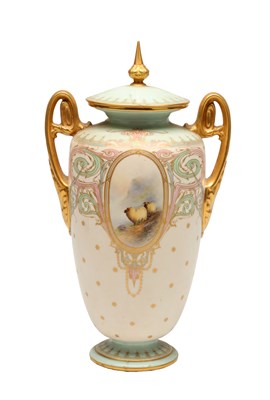 Lot ERNEST BARKER AN EARLY 20TH CENTURY ROYAL WORCESTER PORCELAIN TWO-HANDLED LIDDED VASE