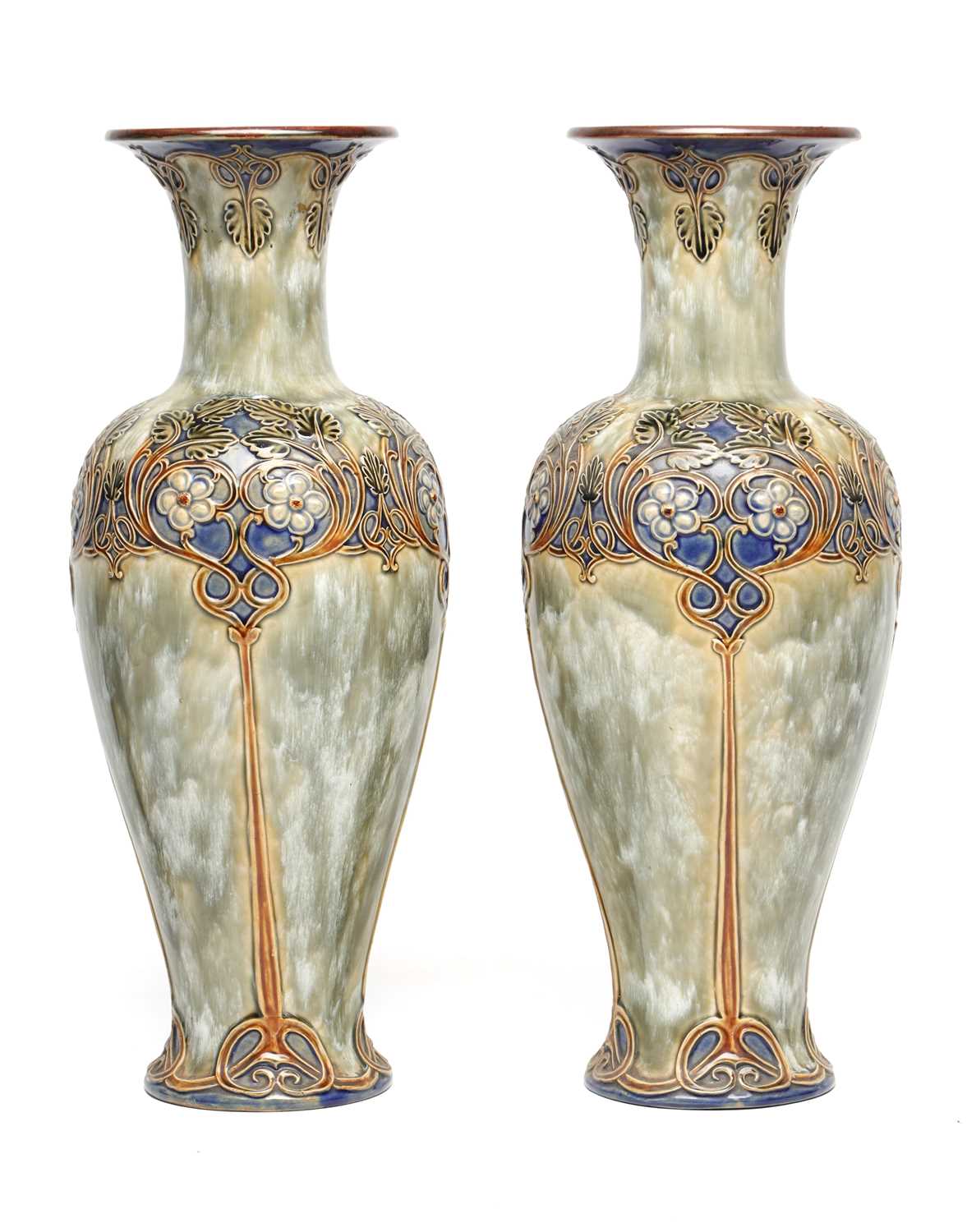 Lot A PAIR OF LATE 19TH/EARLY 20TH CENTURY ROYAL DOULTON LAMBETH STONEWARE VASES BY ELIZA SIMMANCE