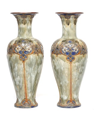 Lot A PAIR OF LATE 19TH/EARLY 20TH CENTURY ROYAL DOULTON LAMBETH STONEWARE VASES BY ELIZA SIMMANCE