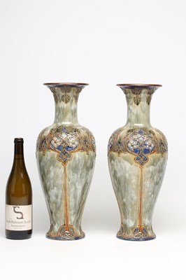 Lot A PAIR OF LATE 19TH/EARLY 20TH CENTURY ROYAL DOULTON LAMBETH STONEWARE VASES BY ELIZA SIMMANCE