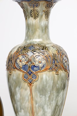 Lot A PAIR OF LATE 19TH/EARLY 20TH CENTURY ROYAL DOULTON LAMBETH STONEWARE VASES BY ELIZA SIMMANCE