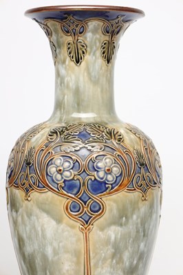 Lot A PAIR OF LATE 19TH/EARLY 20TH CENTURY ROYAL DOULTON LAMBETH STONEWARE VASES BY ELIZA SIMMANCE