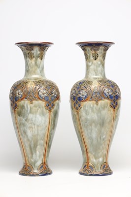Lot A PAIR OF LATE 19TH/EARLY 20TH CENTURY ROYAL DOULTON LAMBETH STONEWARE VASES BY ELIZA SIMMANCE