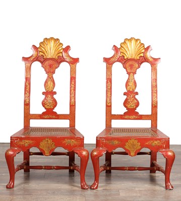 Lot A PAIR OF 19TH CENTURY SCARLET LACQUERED CHINOISERIE SIDE CHAIRS WITH SHELL CRESTING AND CANED SEATS
