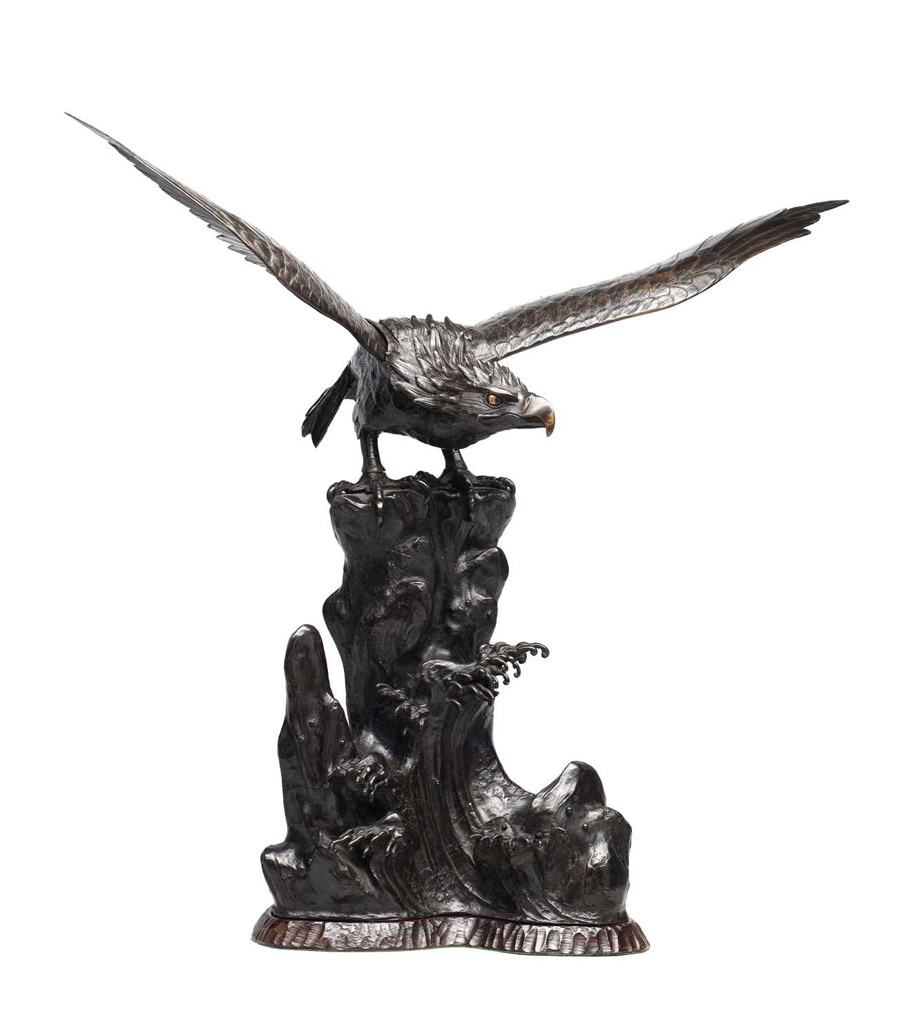 Lot A JAPANESE MEIJI PERIOD PATINATED BRONZE EAGLE ON ROCKY BASE