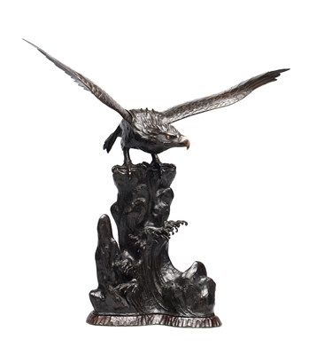 Lot A JAPANESE MEIJI PERIOD PATINATED BRONZE EAGLE ON ROCKY BASE