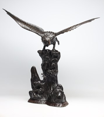Lot A JAPANESE MEIJI PERIOD PATINATED BRONZE EAGLE ON ROCKY BASE