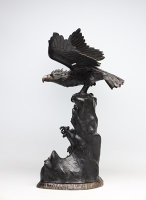 Lot A JAPANESE MEIJI PERIOD PATINATED BRONZE EAGLE ON ROCKY BASE