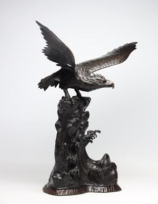 Lot A JAPANESE MEIJI PERIOD PATINATED BRONZE EAGLE ON ROCKY BASE