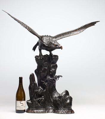 Lot A JAPANESE MEIJI PERIOD PATINATED BRONZE EAGLE ON ROCKY BASE