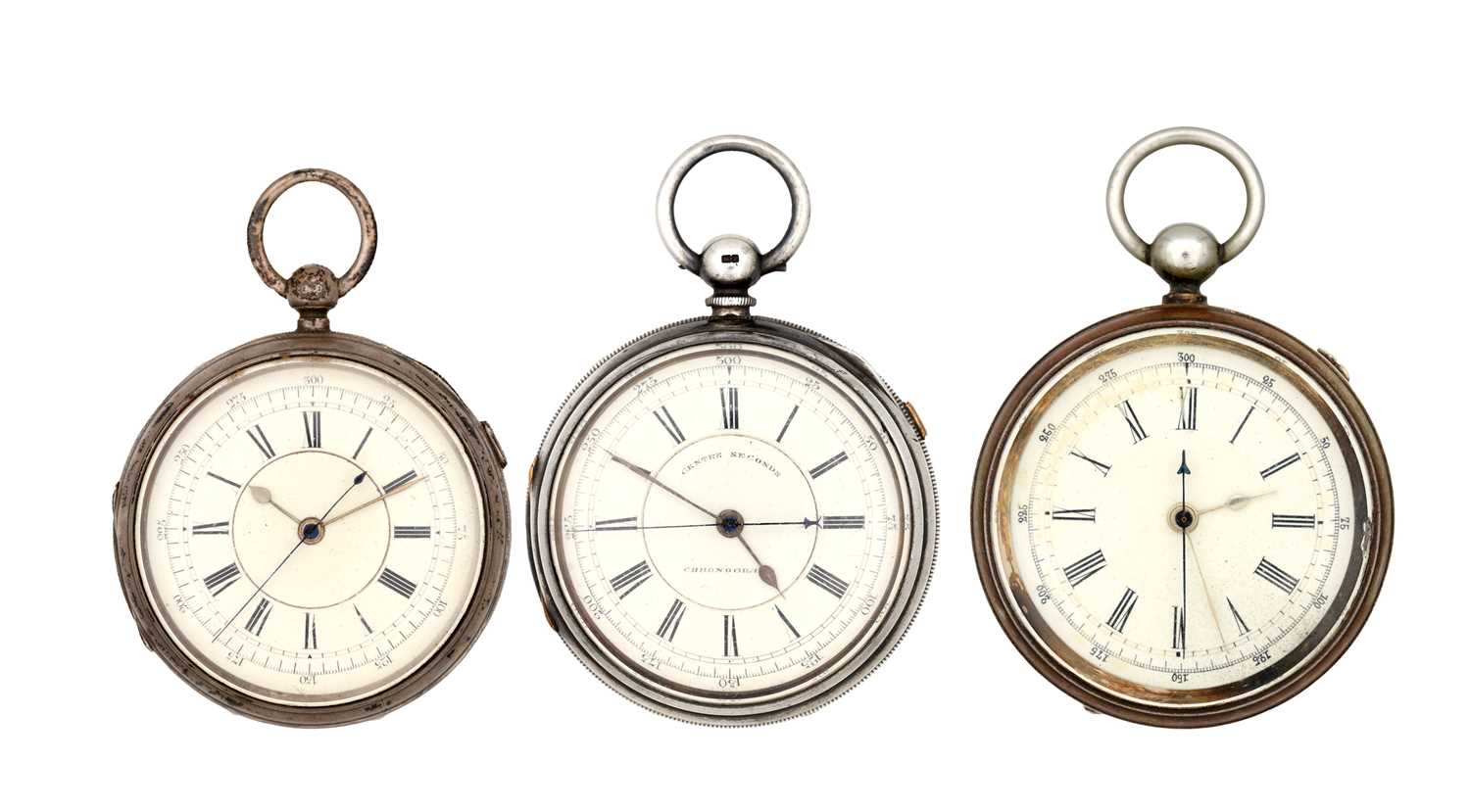 Lot THREE SILVER OPEN FACED CHRONOGRAPH POCKET WATCHES