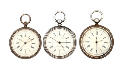 Lot THREE SILVER OPEN FACED CHRONOGRAPH POCKET WATCHES
