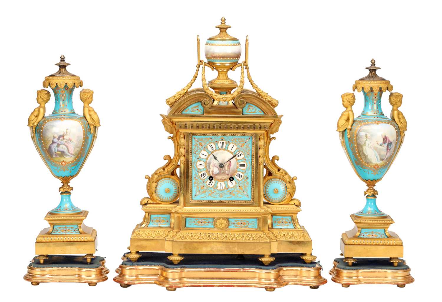 Lot 155 - A LARGE LATE 19TH CENTURY FRENCH SEVRES JEWELLED PORCELAIN AND ORMOLU TURQUOISE-GROUND CLOCK GARNITURE
