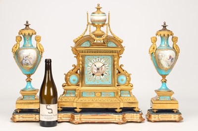 Lot 155 - A LARGE LATE 19TH CENTURY FRENCH SEVRES JEWELLED PORCELAIN AND ORMOLU TURQUOISE-GROUND CLOCK GARNITURE
