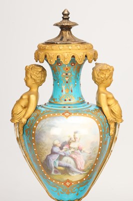 Lot 155 - A LARGE LATE 19TH CENTURY FRENCH SEVRES JEWELLED PORCELAIN AND ORMOLU TURQUOISE-GROUND CLOCK GARNITURE
